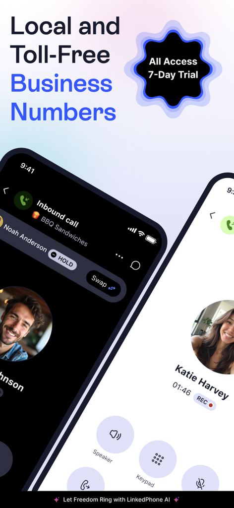 LinkedPhone app interface displaying local and toll-free business numbers with inbound call management and recording features.