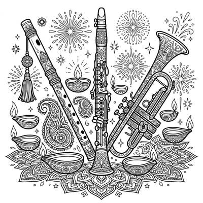 Discover the joy of Diwali with this unique coloring page showcasing beautifully decorated wind instruments. Immerse yourself in a festive scene filled with traditional motifs and celebratory fireworks, ready for your creative touch.
