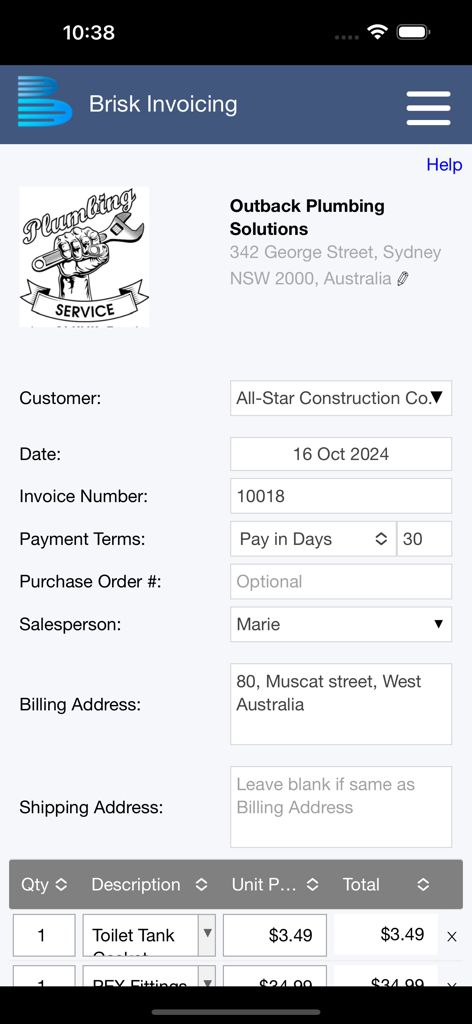 Brisk Invoicing - Brisk Invoicing app interface for creating a professional business invoice on a mobile device