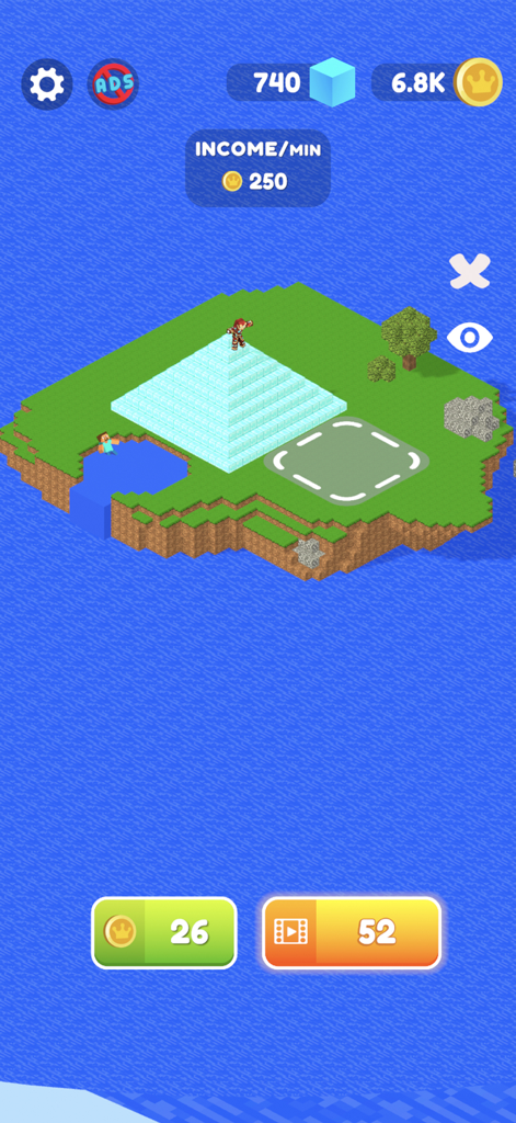 Ninja Sword: Ragdoll swordsman - Personaje ninja pixelado de pie sobre una pirámide en una isla flotante en un juego móvil