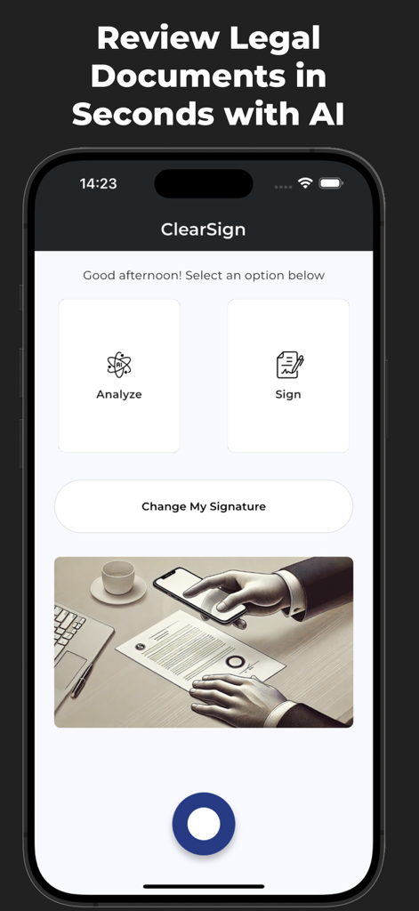 Clearsign: Sign Documents & AI - Clearsign app home screen featuring AI options to analyze and sign legal documents with a professional interface
