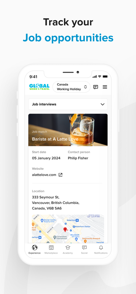 Interfaz de la app móvil Global Work and Travel que muestra una coincidencia de trabajo como barista en Vancouver, Canadá