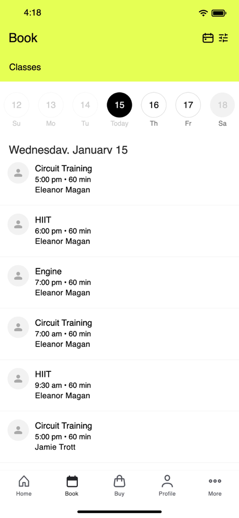River Fitness - River Fitness mobile app screen displaying a daily schedule of gym classes including HIIT and Circuit Training with booking options.