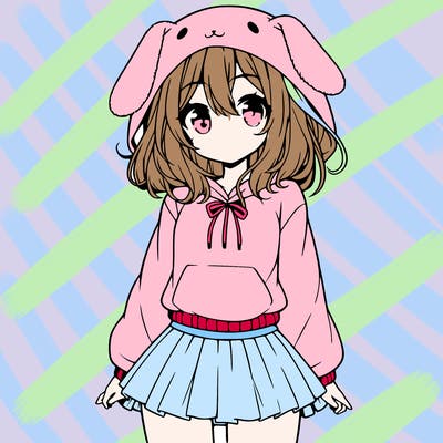 pretty anime girl wearing a fluffy hoodie with bunny ears on the hood and a skirt