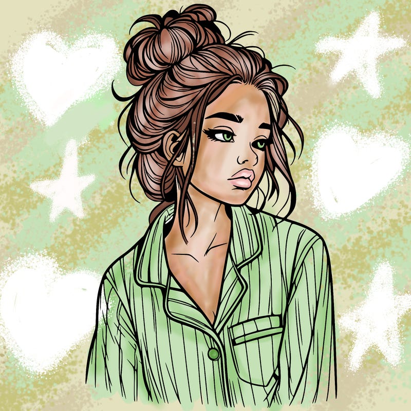 realistic woman with pajamas on and a messy bun