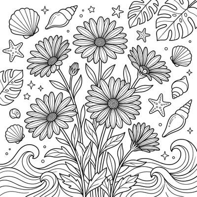 Dive into summer with this delightful coloring page featuring cheerful Cape Daisies amidst a vibrant beach scene. Enjoy coloring intricate flowers, seashells, and gentle ocean waves to capture the essence of a perfect summer day.