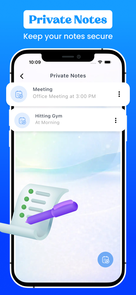Clone Master - 2nd App Space - Captura de pantalla de la función de Notas Privadas en la aplicación Clone Master que muestra una lista segura de notas personales y de trabajo