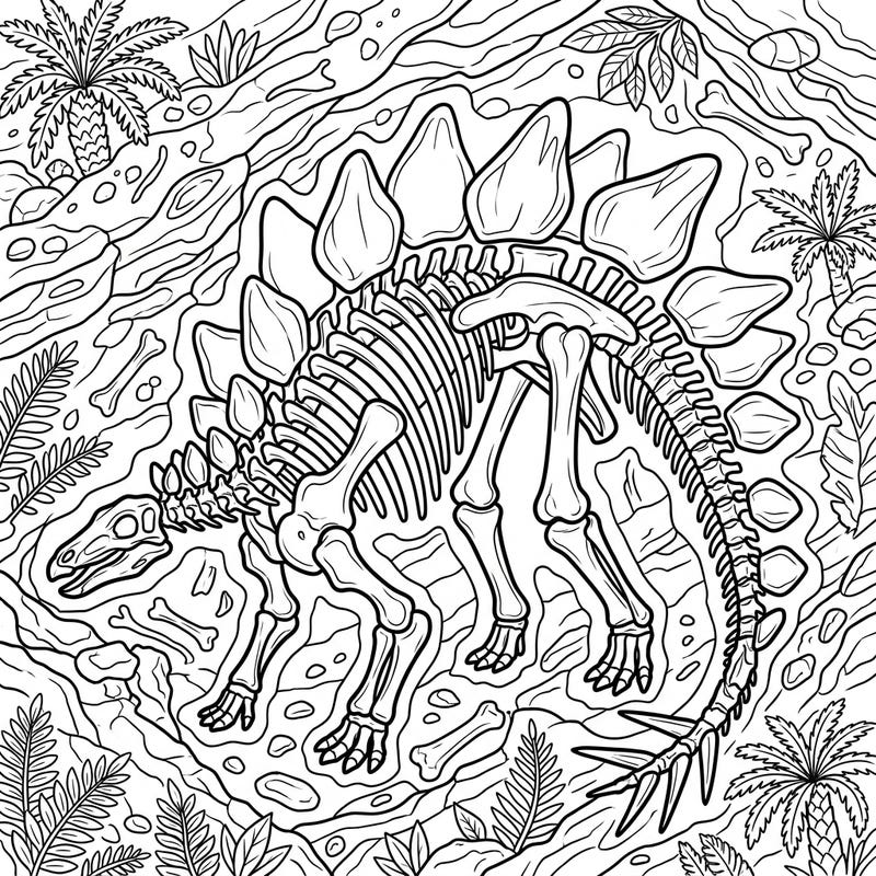 Bring the ancient world to life with this thrilling Stegosaurus skeleton coloring page designed especially for kids. Discover the impressive bony structure of this prehistoric giant amidst a landscape of rocks and ancient foliage.