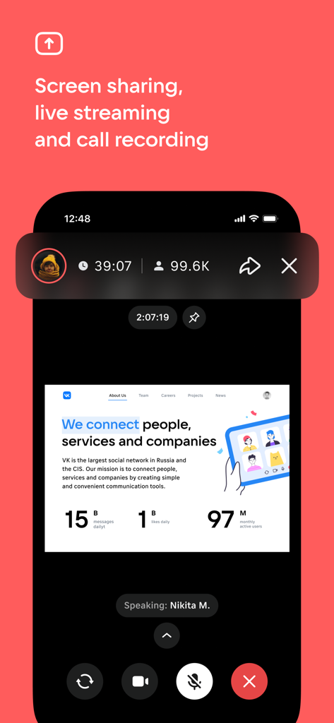 VK Calls interface showing a business presentation via screen sharing with live streaming features