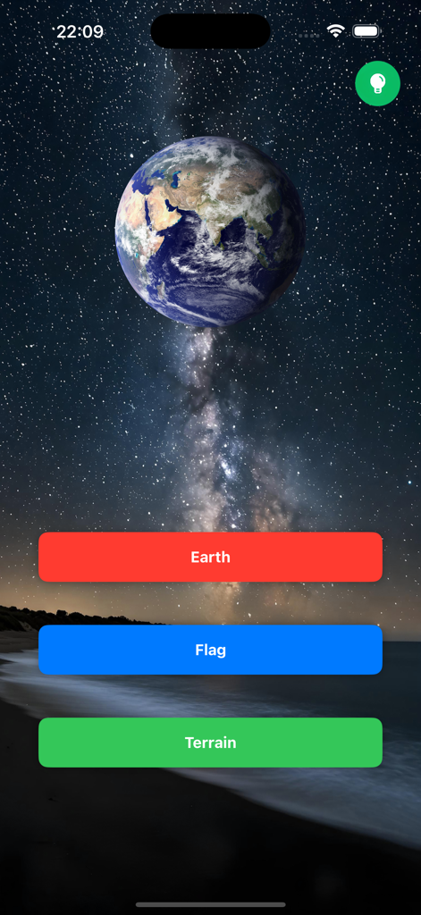 Earth 3D Globe - World Map - Menu de l'application de globe terrestre 3D interactif proposant les modes d'apprentissage Drapeau et Terrain de la Terre
