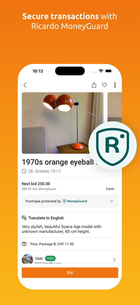 Ricardo App-Produktangebot mit MoneyGuard-Abzeichen für sichere Transaktionen