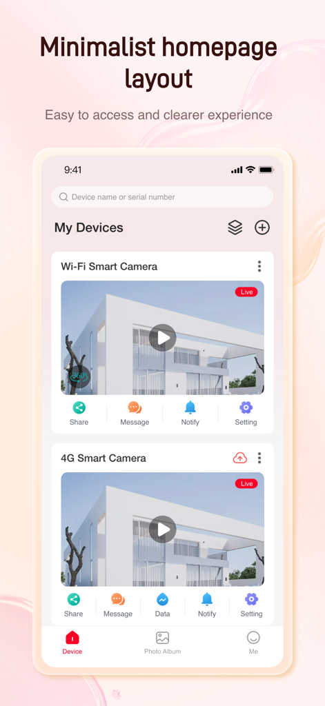 Metfone Home - Metfone Home App-Oberfläche, die eine Liste verbundener Kameras mit Live-Vorschauen und Schnelleinstellungen auf einem minimalistischen Dashboard zeigt.