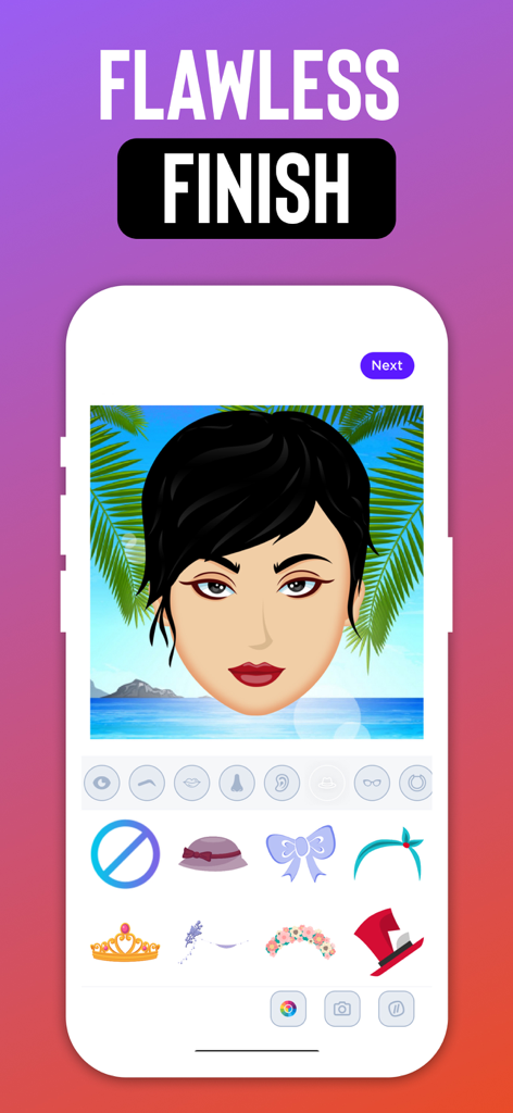 Interfaz de aplicación móvil para crear un avatar de caricatura personalizado con accesorios y un fondo tropical