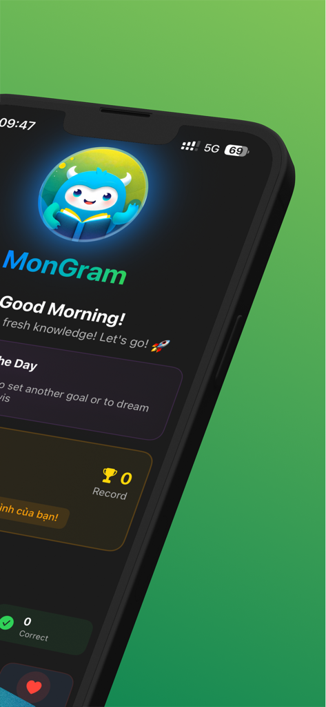 MonGram English - MonGram Englishアプリのダッシュボード。学習統計と毎日の挨拶が表示されています。