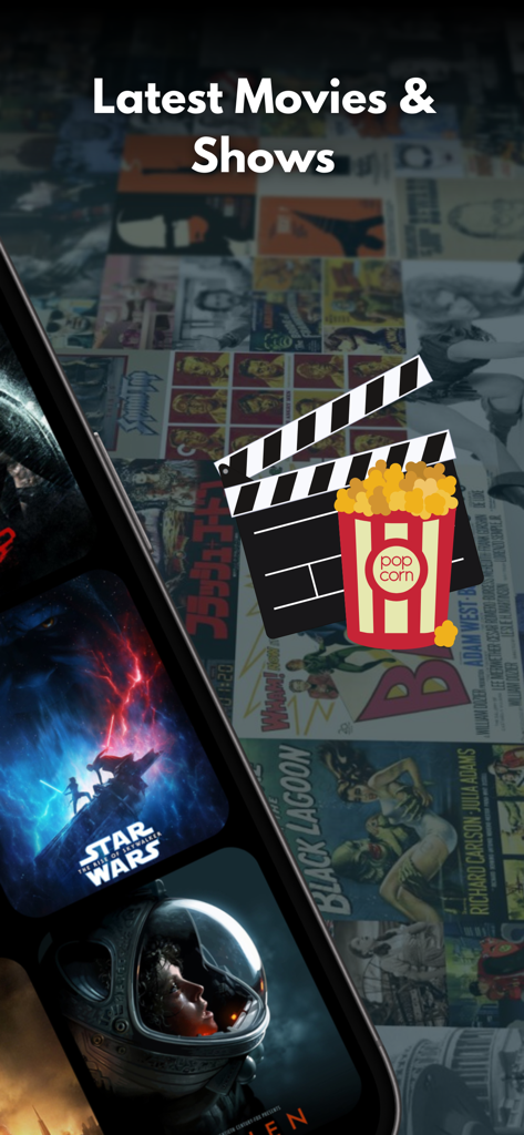 Mobile app screen showing the latest movies and shows with movie posters and a popcorn clapperboard icon