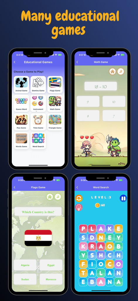 Una colección de juegos educativos para niños que incluyen identificación de banderas de matemáticas y puzzles de búsqueda de palabras.