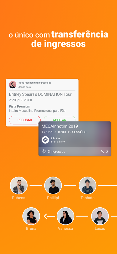 Ingresse - Tickets and Events - Interface of the Ingresse app showing the social ticket transfer feature and digital event tickets