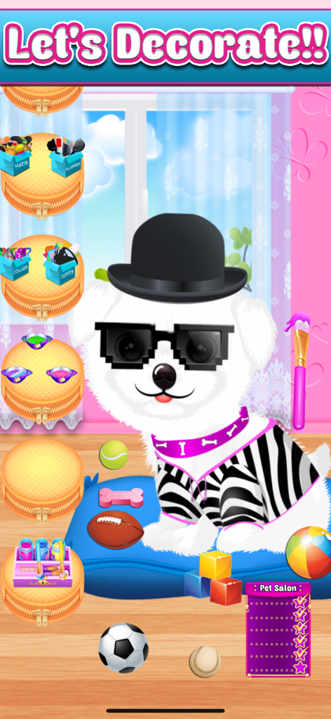My Baby Pet Salon Makeover - Un cachorro blanco decorado con un sombrero y gafas de sol en un juego de salón de mascotas.