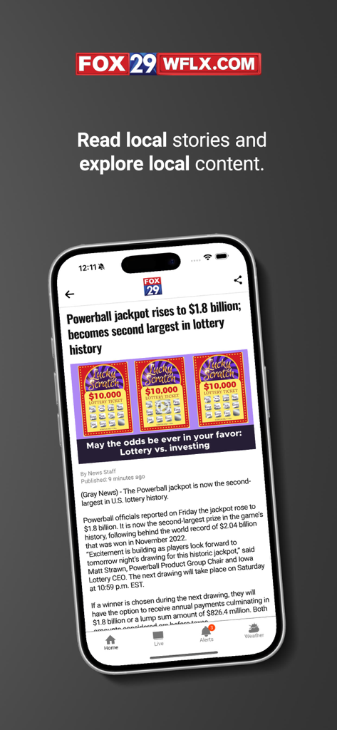 WFLX FOX 29 mobile app displaying a local news article about the Powerball jackpot on an iPhone screen.
