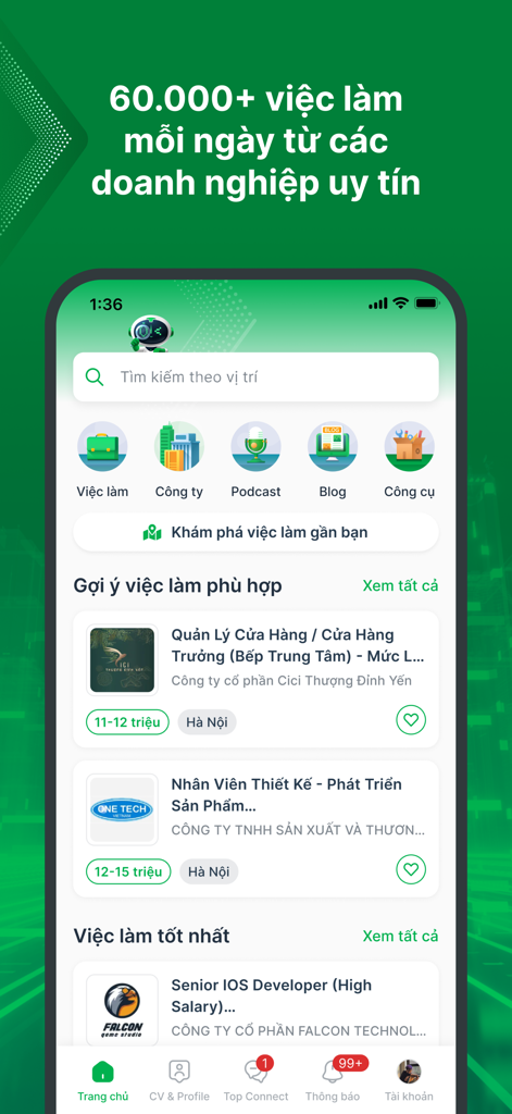TopCV - Tìm Việc làm phù hợp - TopCV mobile app home screen showing job listings and career search tools in Vietnamese