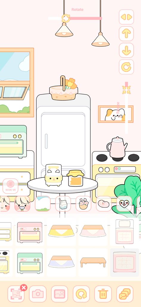 Lovely Doll game screenshot showing a customizable pastel kitchen with cute furniture and decoration options