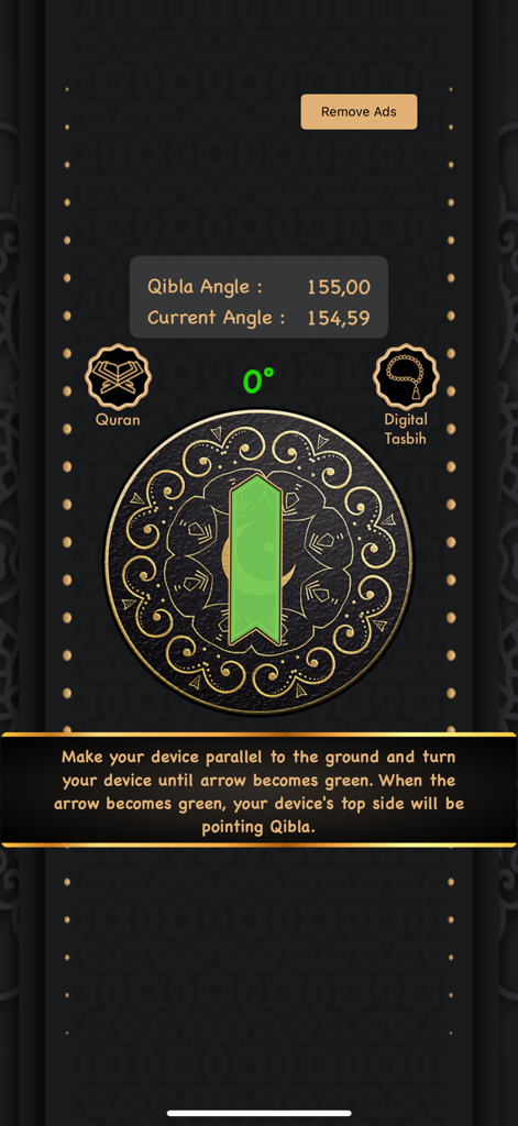 Digitale Kompass-Oberfläche der Qibla Finder App mit einem grünen Pfeil, der die Gebetsrichtung anzeigt