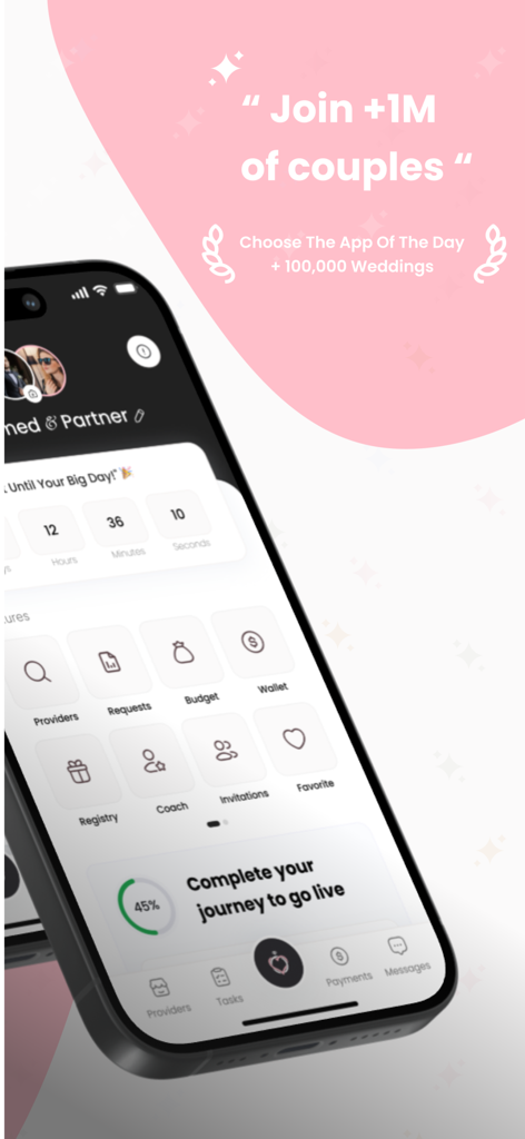 Interface mobile de l'application de planification de mariage Mariages.io montrant des outils pour le budget et les prestataires.