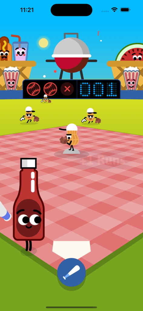 Doodle Baseball Game - A cartoon baseball game featuring a ketchup bottle as the batter and peanuts as fielders on a picnic blanket field.