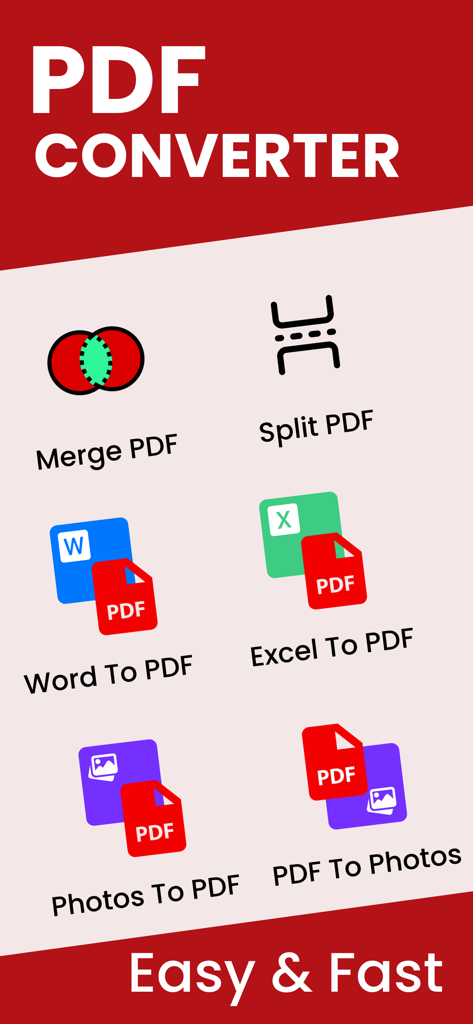 PDF Merge - Combine & Join PDF - Dashboard of the PDF Converter app showing tools to merge split and convert Word Excel and photos to PDF