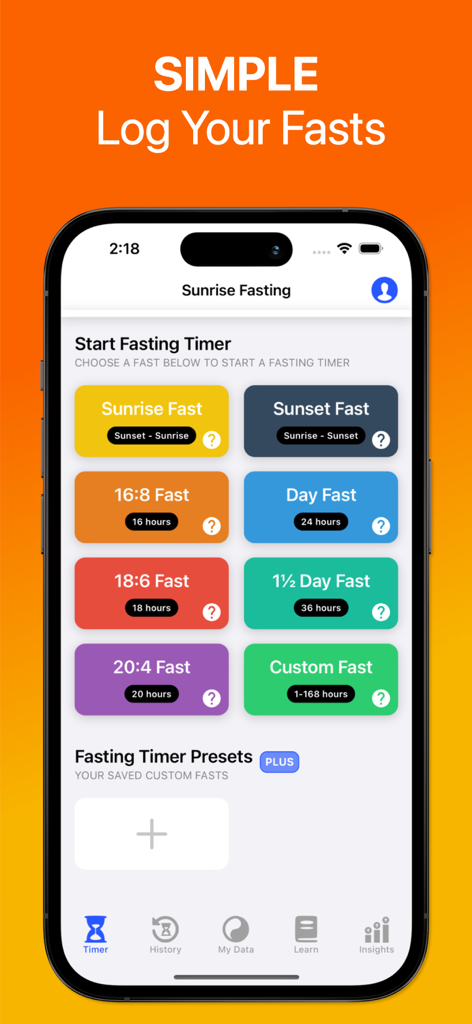 Sunrise - Intermittent Fasting - Sunrise Intermittent Fasting app screen showing multiple fasting timer options and presets