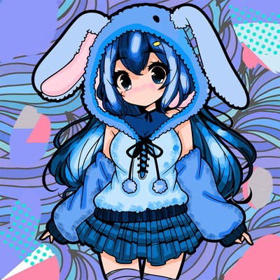 pretty anime girl wearing a fluffy hoodie with bunny ears on the hood and a skirt