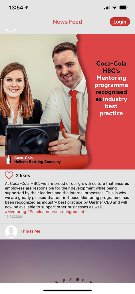 CCHBC This is Me - CCHBC This is Me app news feed featuring a post about the company mentoring program