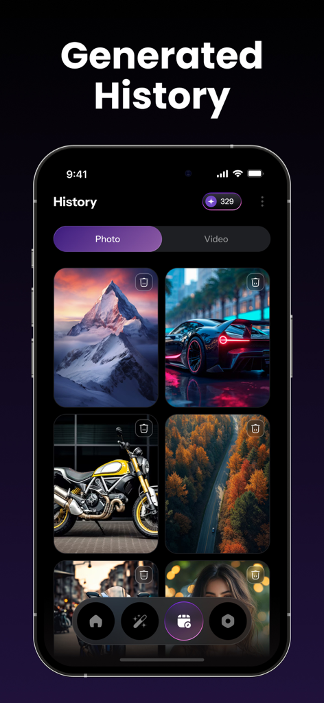 The history screen of the Zix app showing a collection of AI-generated images including mountains and a sports car