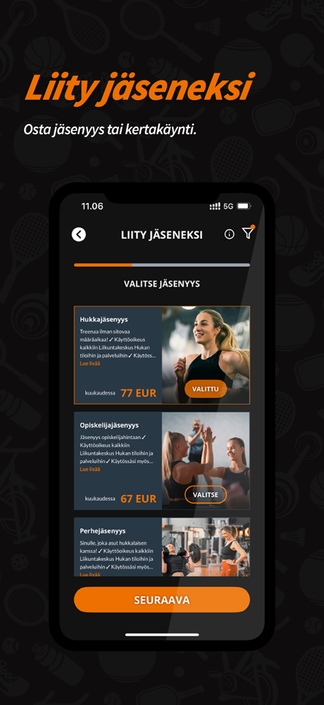 Liikuntakeskus Hukka - Liikuntakeskus Hukka app interface showing gym membership options