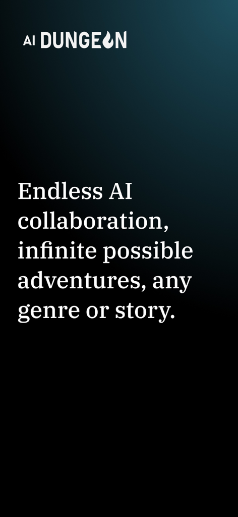 무한한 AI 협업과 끝없는 모험에 대한 텍스트가 포함된 AI 던전 앱 화면