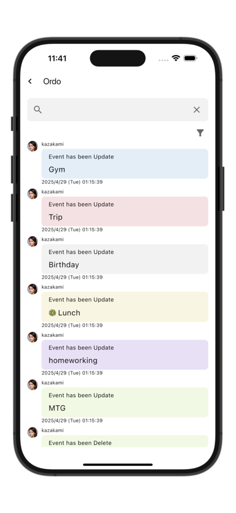 Activity feed in the Ordo app showing event updates for gym, trips, and meetings.