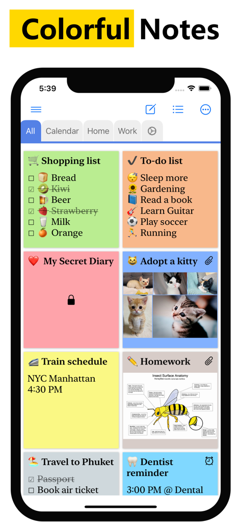 Interfaz de la aplicación WeNote que muestra una variedad de notas y listas de tareas codificadas por colores