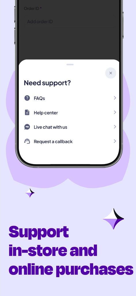 A mobile app screen displaying customer support options for merchants including live chat and FAQs for in-store and online purchases.