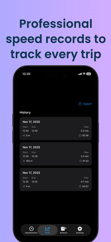 Speedometer-GPS Speed Test APP - プロフェッショナルな速度記録とトリップ履歴統計を表示するスピードメーターアプリ画面
