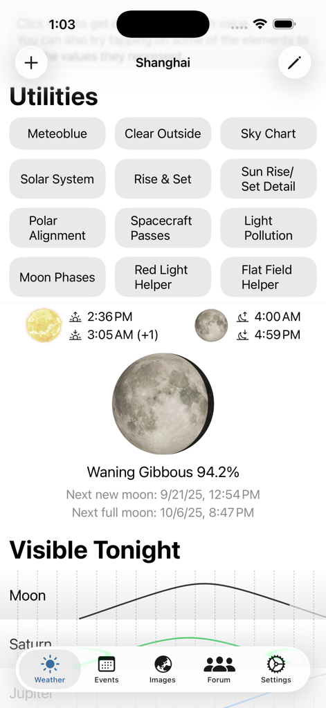 Astroweather - astronomy tools - 様々な天文ユーティリティと月相情報を表示するAstroweatherアプリのインターフェース。
