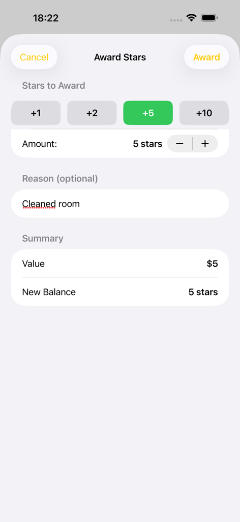 Reward-E - Star Rewards - Awarding five stars for cleaning a room in the Reward-E app