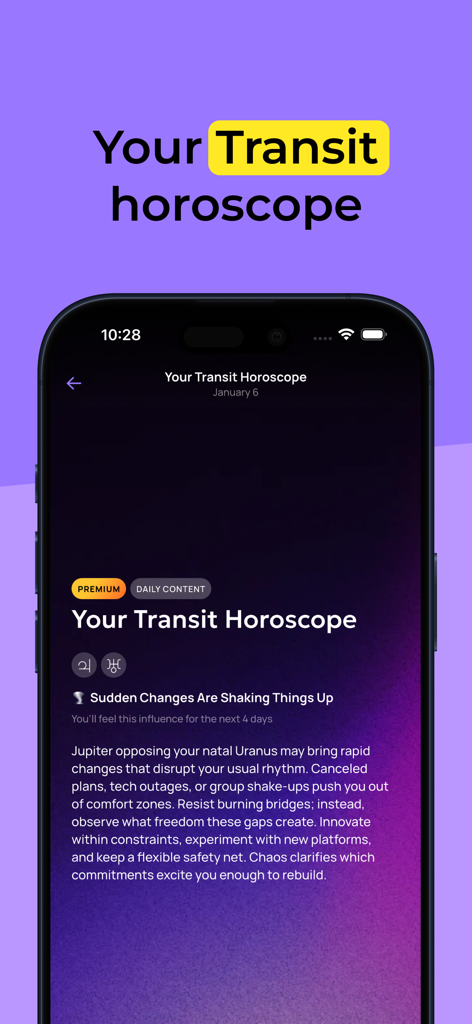 Una pantalla móvil que muestra un horóscopo de tránsito diario personalizado de la aplicación de astrología Stargaze.