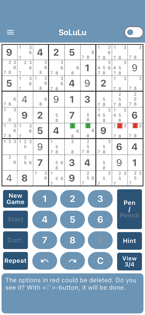 SoLuLu - Interface of the SoLuLu Sudoku assistant showing a puzzle grid with a logical hint highlighting candidate numbers in red for deletion.