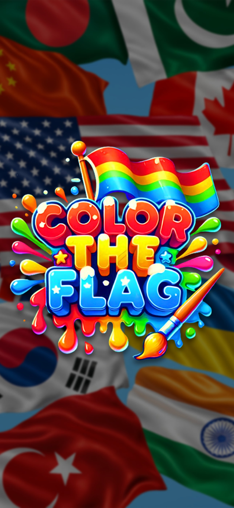 Flag Coloring Puzzle Games - Splash screen of the Color The Flag mobile game featuring a paintbrush and world flags