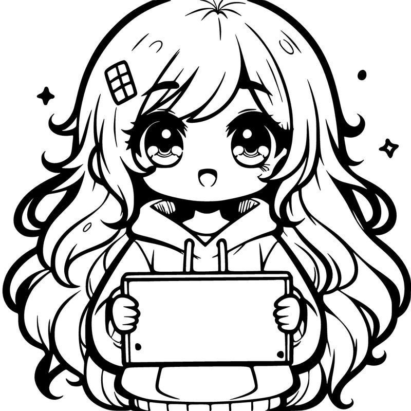 cute girl with long messy hair, wearing a hoodie holding a sign