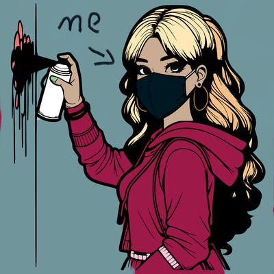 realistic girl with mask spray painting a wall