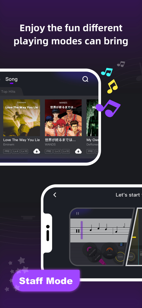 InstaDrum Mobile App-Oberfläche mit Songbibliothek und Notenschrift-Modus für Schlagzeug