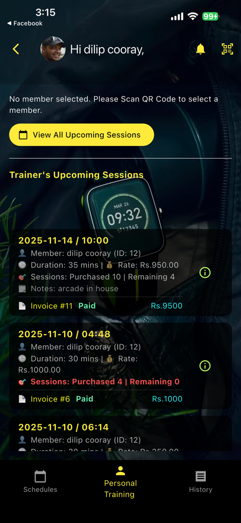 Gym Master app trainer dashboard showing upcoming personal training sessions and member payment status