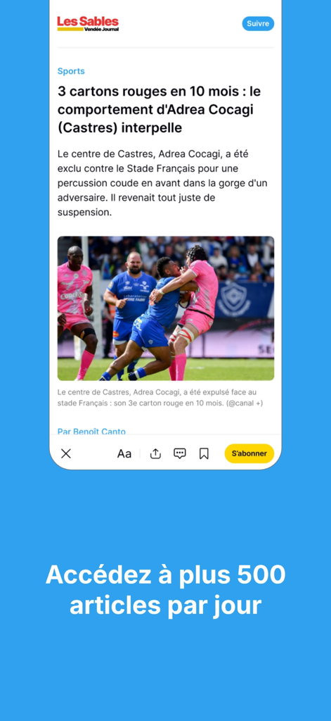 Actu - Interfaccia dell'app Actu che mostra un articolo sportivo locale francese su un giocatore di rugby