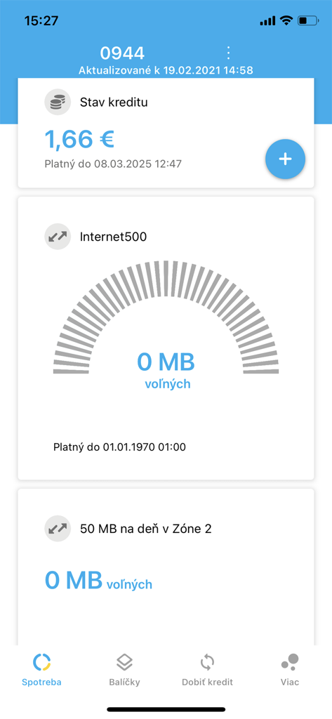 Dashboard dell'app Moj Tesco Mobile Slovakia che mostra il saldo del credito e gli indicatori di utilizzo di Internet.